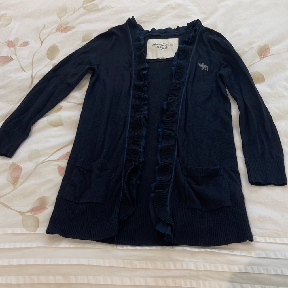 Abercrombie & fitch S Y2K navy blue open cardigan sweater with ruffles border